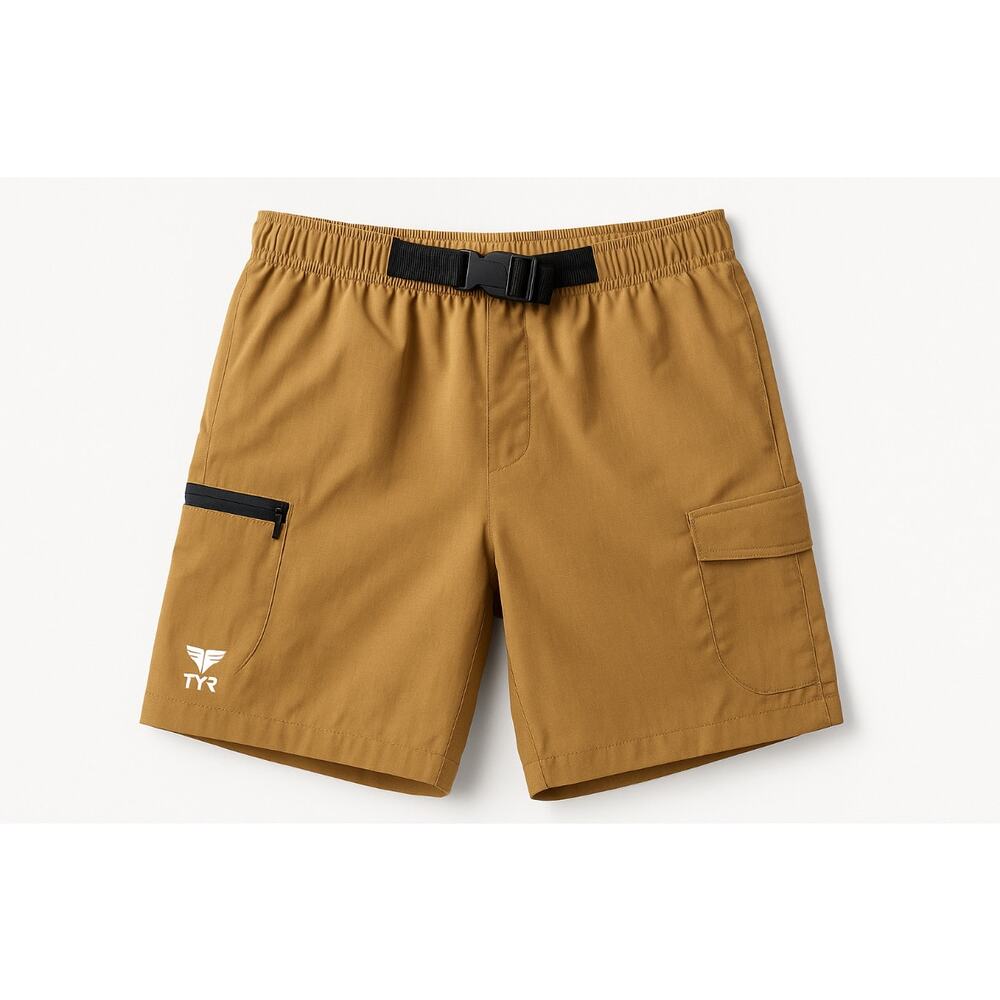TYR Men’s Swim Hybrid Shorts Large Khaki Elastic Waist Belted Quick Dry Pockets
